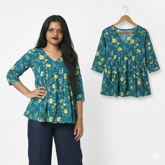 Printed Half-Sleeve Alia-Cut Cotton Peplum Top