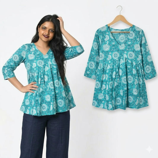 Printed Alia-Cut Cotton Peplum Top