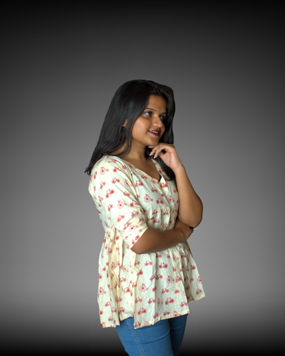 Printed Alia-Cut Cotton Peplum Top